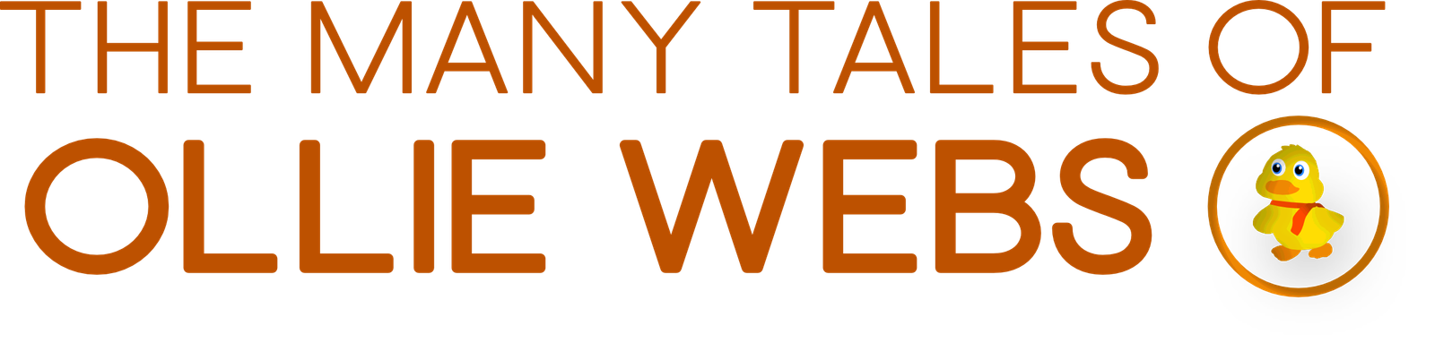 The Many Tales Of Ollie Webs text logo in orange with Ollie Webs icon at the end